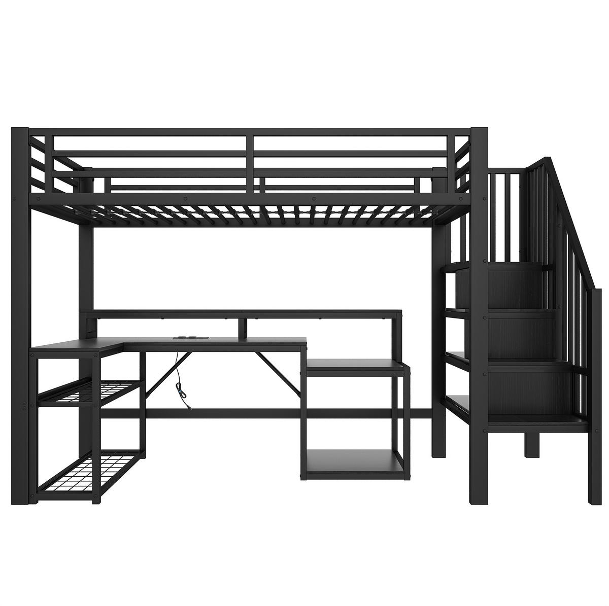HOCHBETT 90/200 cm mit Schreibtisch, USB-Anschluss, LED-Beleuchtung und Stauraum aus Metall und MDF, Schwarz - Schwarz, Metall (90/200cm) - Redom