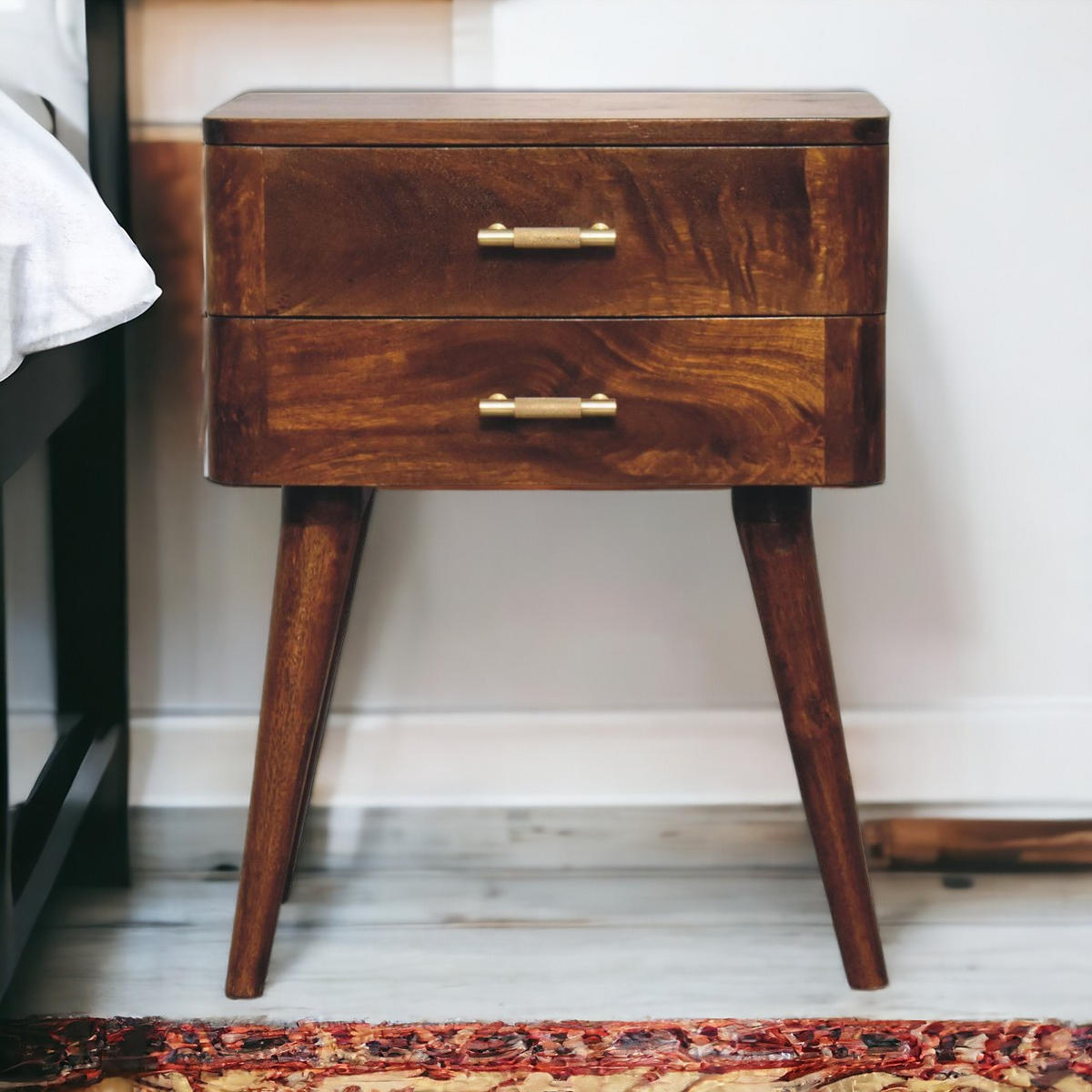 NACHTTISCH T-Bar Nordic Style, Braun - Messingfarben/Braun, Mangoholz/Holz (35/58/45cm) - Artisan Furniture