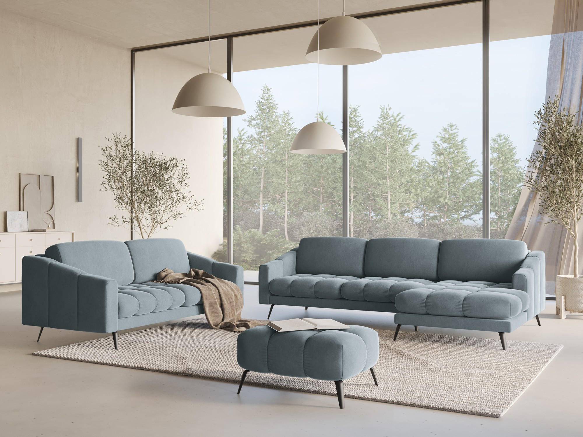 POUF Samt Stoff Blau - Blau/Schwarz, Textil/Metall (78/41/60cm) - Makamii