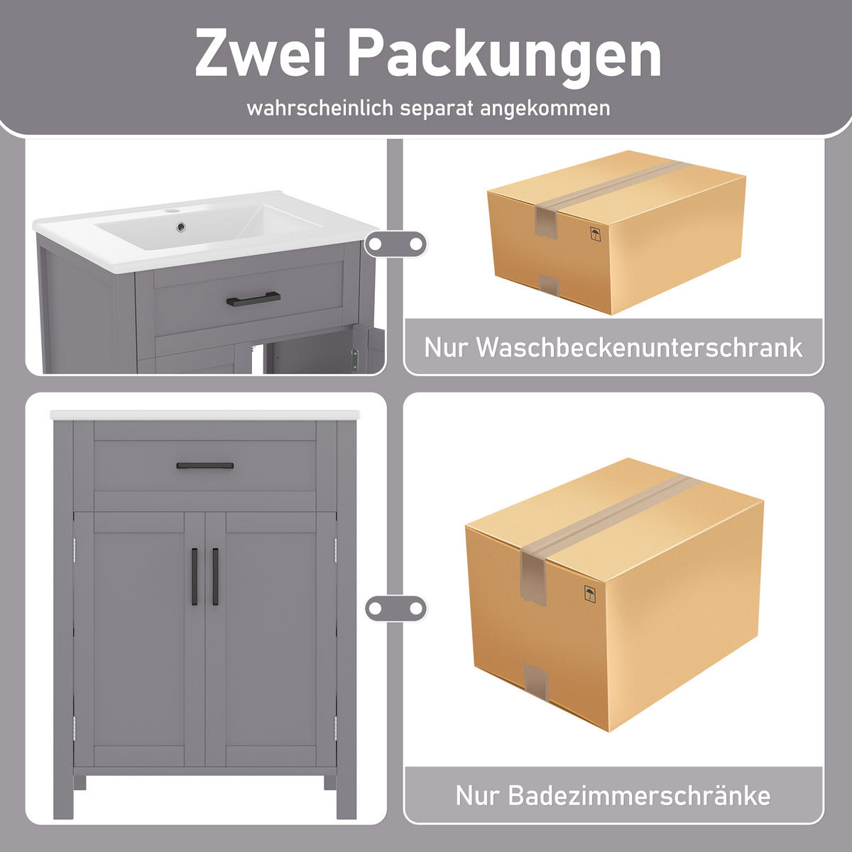 WASCHTISCHKOMBI mit Keramikbecken 60x46x84.8cm in Grau, 2 Türen & umklappbarer Schublade - Grau, Holzwerkstoff (60/84.8/46cm) - Modfu