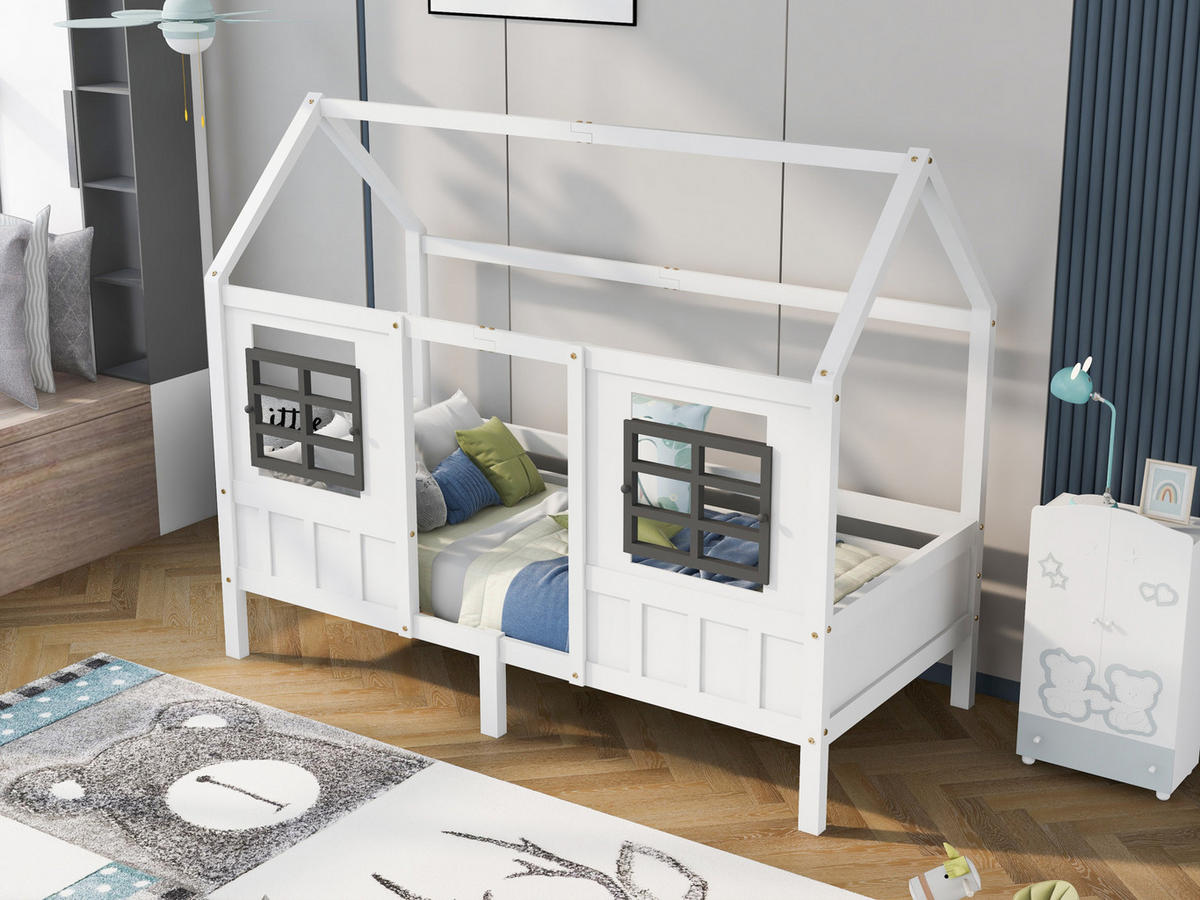 HAUSBETT 200/90 cm Weiß mit 2 Schubladen und Fenstern ohne Matratze - Weiß, Holz (90/200cm) - MIVRAY