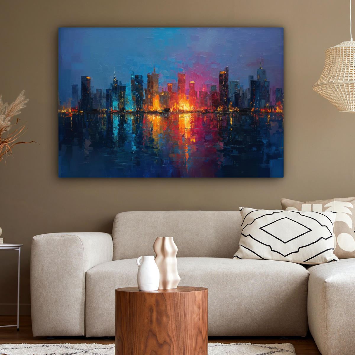 LEINWANDBILD Skyline - Pinselstriche - Dunkelblau - Leuchtend Groß 140x90 cm - Blau, Textil (140/90cm) - MuchoWow