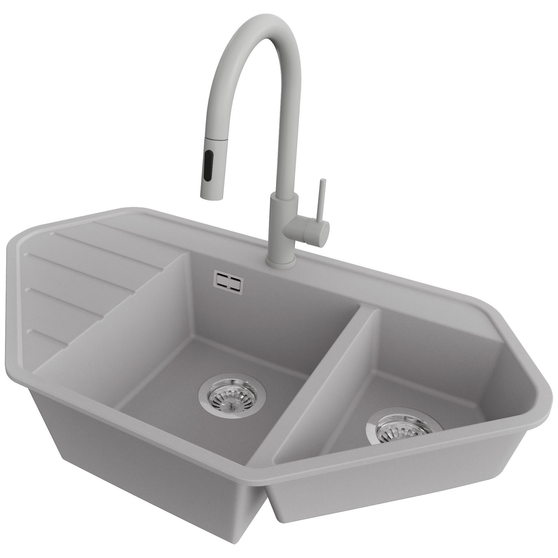 GRANITSPÜLE Kopenhagen Corner, 2-er set Grau 90/50 cm 1,5 Becken + Küchenarmatur 40/20 cm + Ablauf-Set ab 70er Unterschrank - Chromfarben/Grau, Kunststoff (90/18/50cm) - Primagran