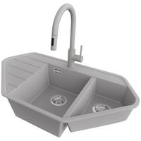 GRANITSPÜLE Kopenhagen Corner, 2-er set Grau 90/50 cm 1,5 Becken + Küchenarmatur 40/20 cm + Ablauf-Set ab 70er Unterschrank - Chromfarben/Grau, Kunststoff (90/18/50cm) - Primagran