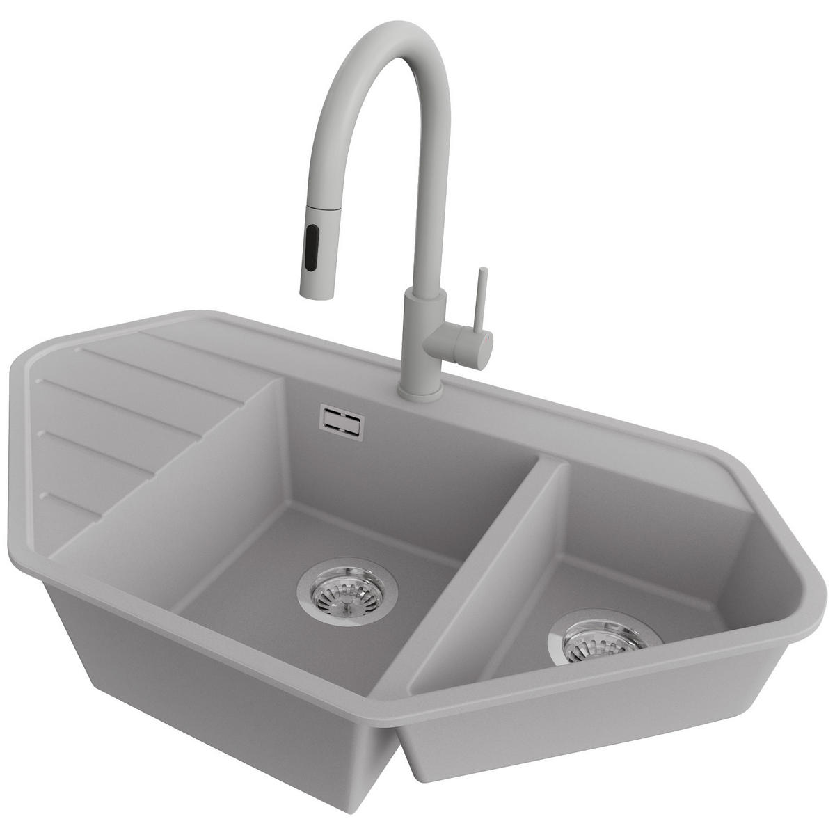 GRANITSPÜLE Kopenhagen Corner, 2-er set Grau 90/50 cm 1,5 Becken + Küchenarmatur 40/20 cm + Ablauf-Set ab 70er Unterschrank - Chromfarben/Grau, Kunststoff (90/18/50cm) - Primagran