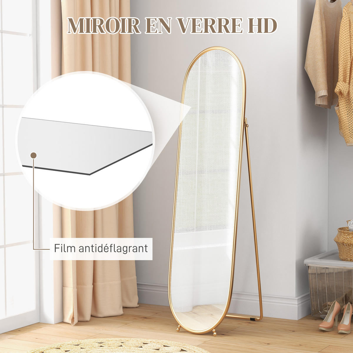STANDSPIEGEL DE-17917 ovale Form mit goldenem Metallrahmen Gold - Goldfarben, Glas (40/160/4cm) - ComfortXL