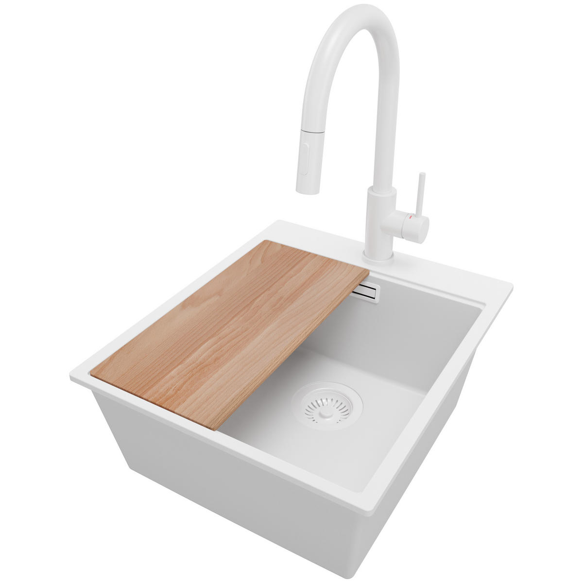 GRANITSPÜLE Oslo, 2-er set Alles Weiß 43/50 cm 1 Becken + Küchenarmatur 40/20 cm + Ablauf-Set + Schneidebrett ab 45er Unterschrank - Beige/Weiß, Kunststoff (43/20/50cm) - Primagran