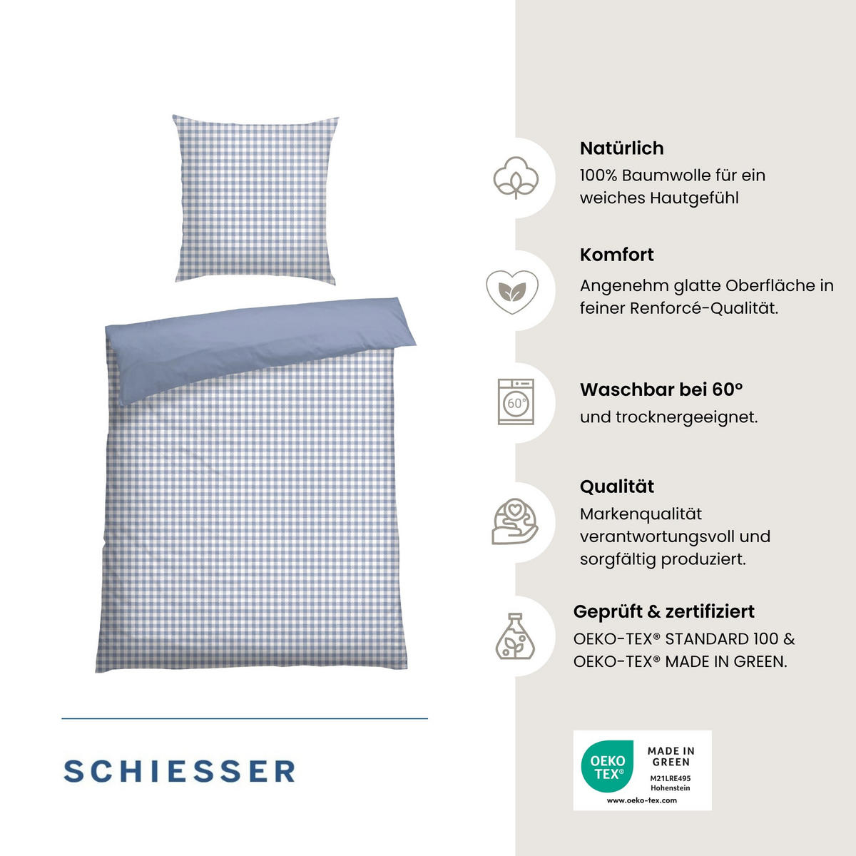 BETTWÄSCHESET Vichy - Renforcé - 2-teilig - 135 x 200 cm - Hellblau - Hellblau, Textil (135/200cm) - SCHIESSER