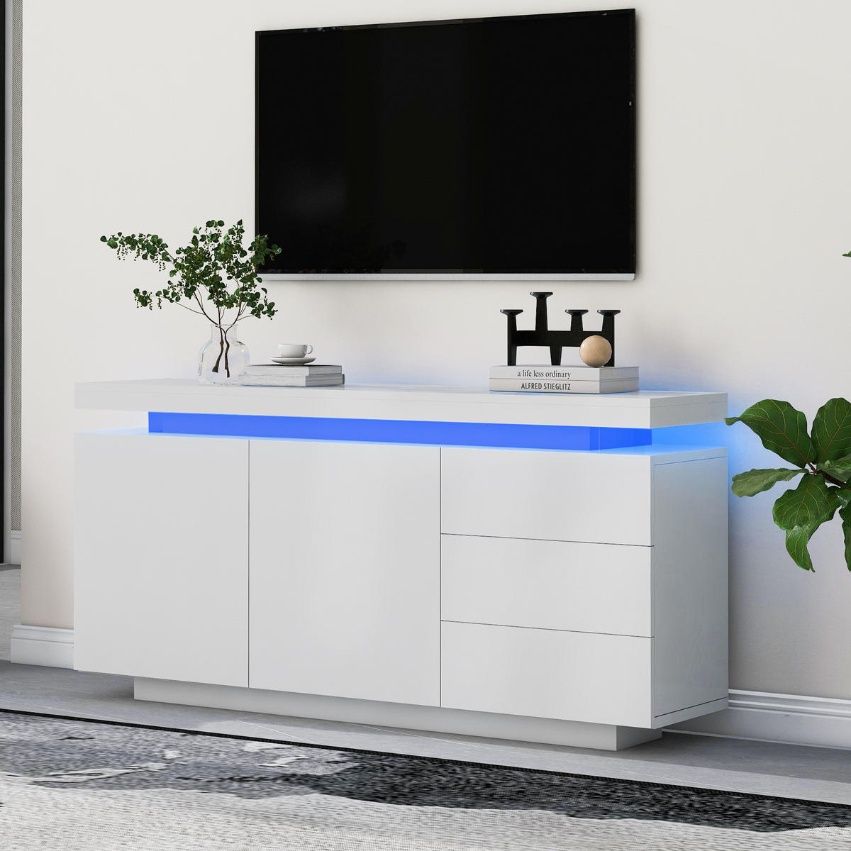 SIDEBOARD LED Weiß Hochglanz 2 Türen 3 Schubladen 140x35x72.5cm - Weiß, Holzwerkstoff (38/72/140cm) - FLIEKS
