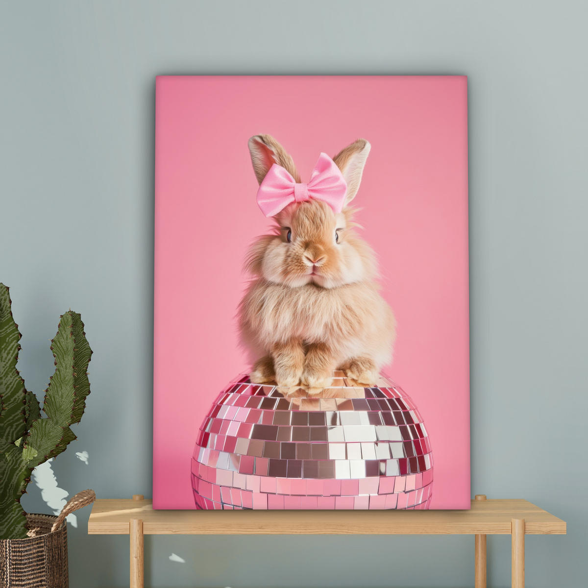 LEINWANDBILD Schleife - Discoball - Kaninchen Wandbild Wohnzimmer 60x80 cm - Pink, Textil (60/80cm) - MuchoWow