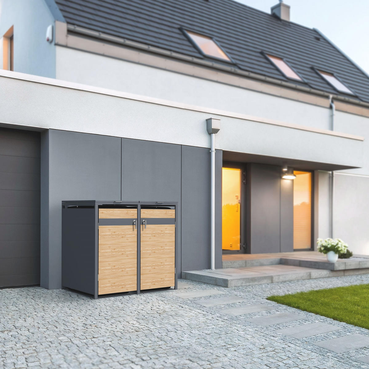 MÜLLTONNENBOX 4er Anthrazit-Lärchenoptik - Hellbraun, Metall (80/116.3/264cm) - ML-DESIGN