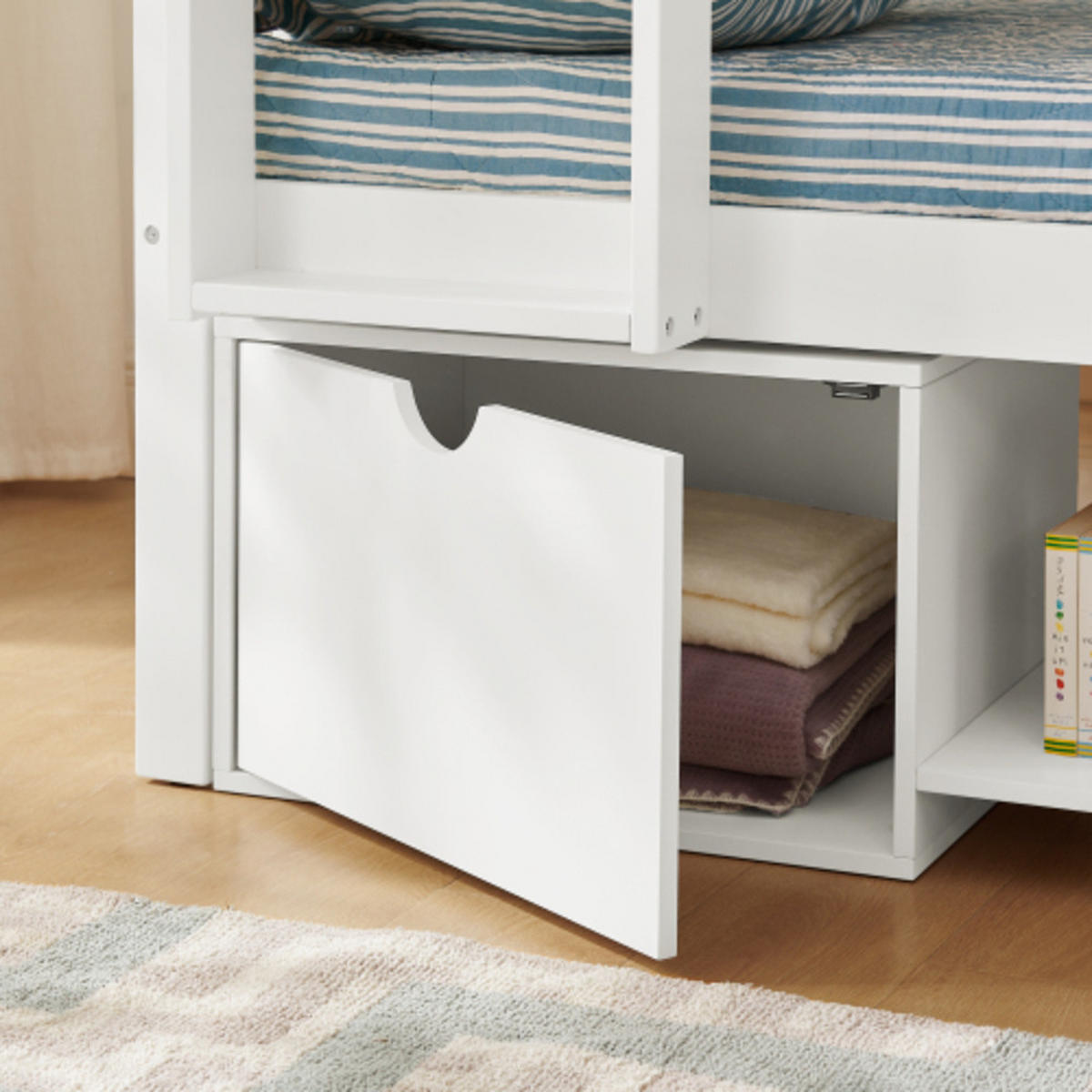 ETAGENBETT 2-in-1 90×200 cm aus Massivkieferholz mit Schubladen & Sicherheitsgeländer, weiß - Weiß, Textil - Luhomfu