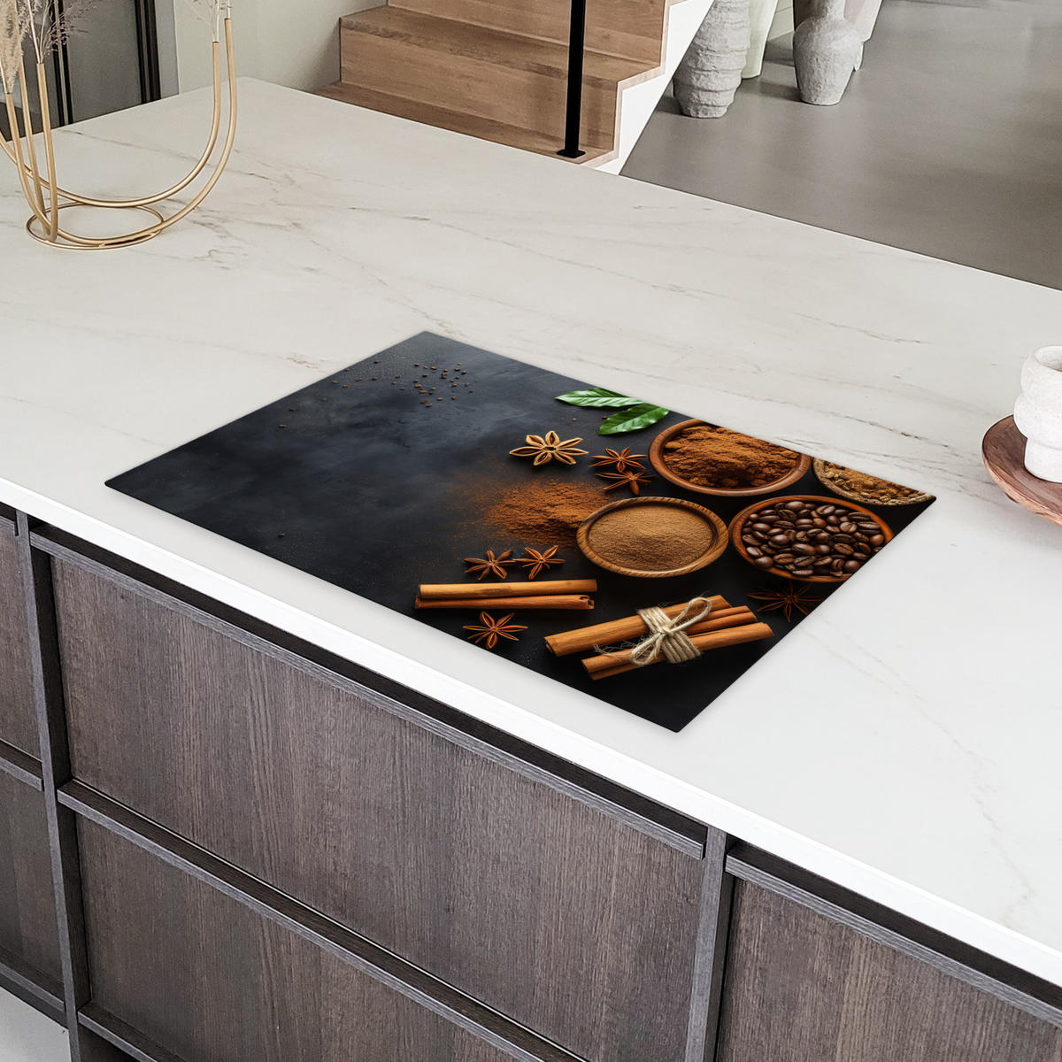 HERDABDECKPLATTE Zimt - Beton - Kaffee - Zimtstangen - Gewürze Induktionsschutz 81.6x52.7 cm - Mokka, Kunststoff (81.6/52.7/0.2cm) - MuchoWow