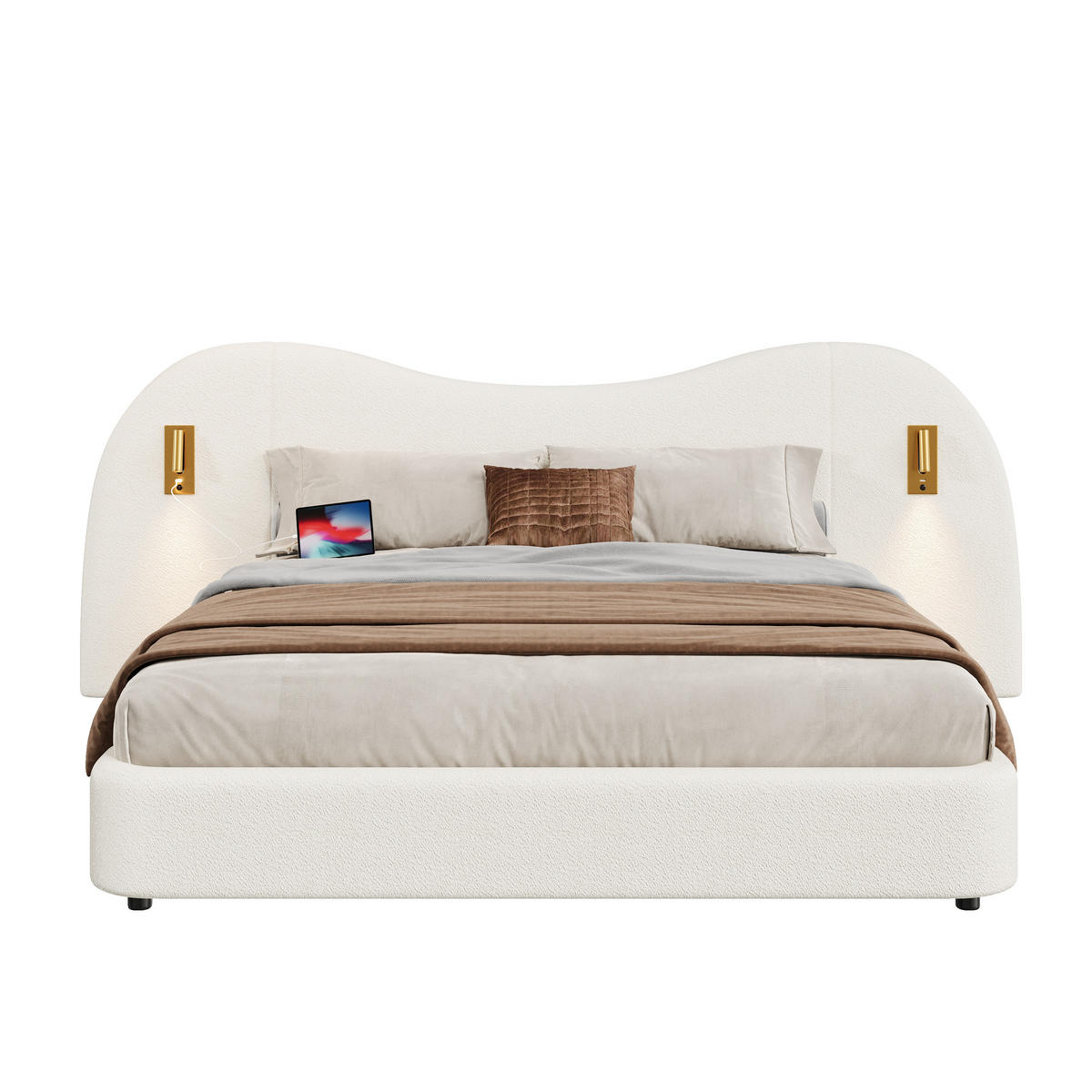 POLSTERBETT 180/200 cm weiß aus Bouclé mit hydraulischem Stauraum - Weiß, Textil (180/200cm) - OKWISH