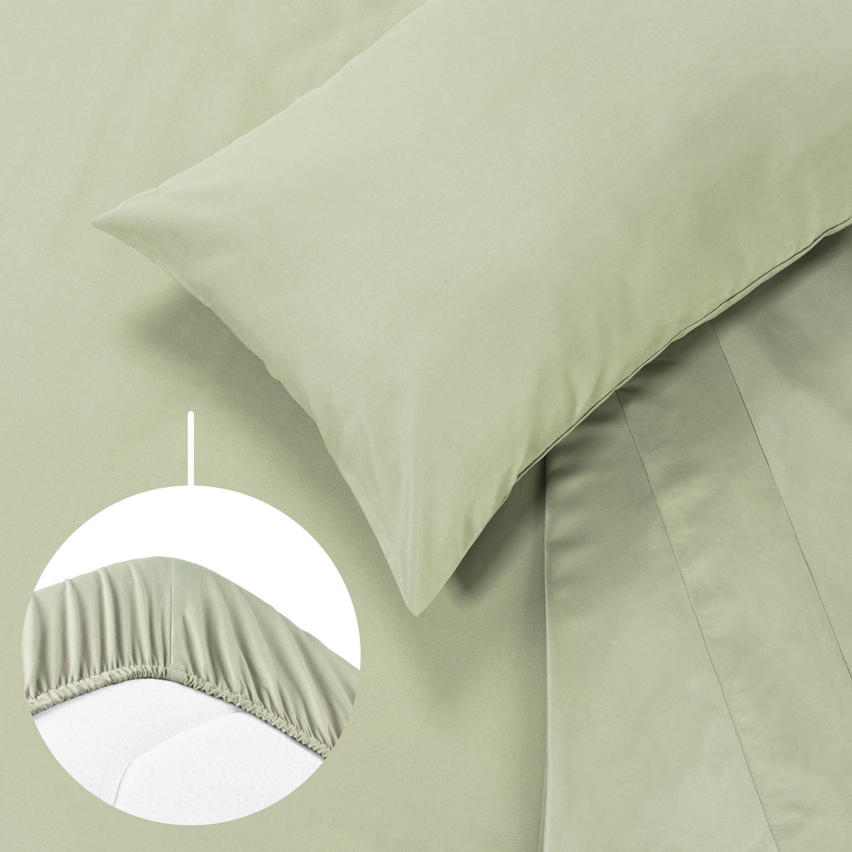 BETTLAKEN 3er Set - Spannbettlaken 180x200x30cm 2X Kissenbezug 50x80cm - Light Olive Green - Hellgrün, Textil (180/200cm)