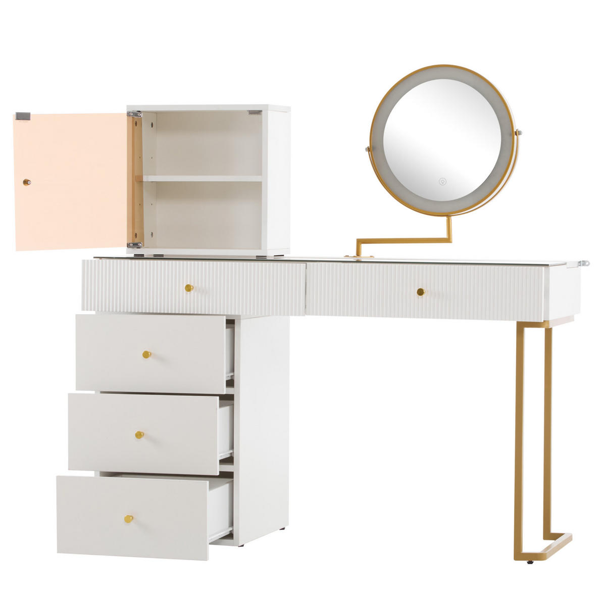 SCHMINKTISCH 120/45/115 cm mit LED-Spiegel, flexiblem Seitenregal und Glasplatte, Weiß/Goldfarben - Weiß, Holzwerkstoff (120/115/45cm) - Redom