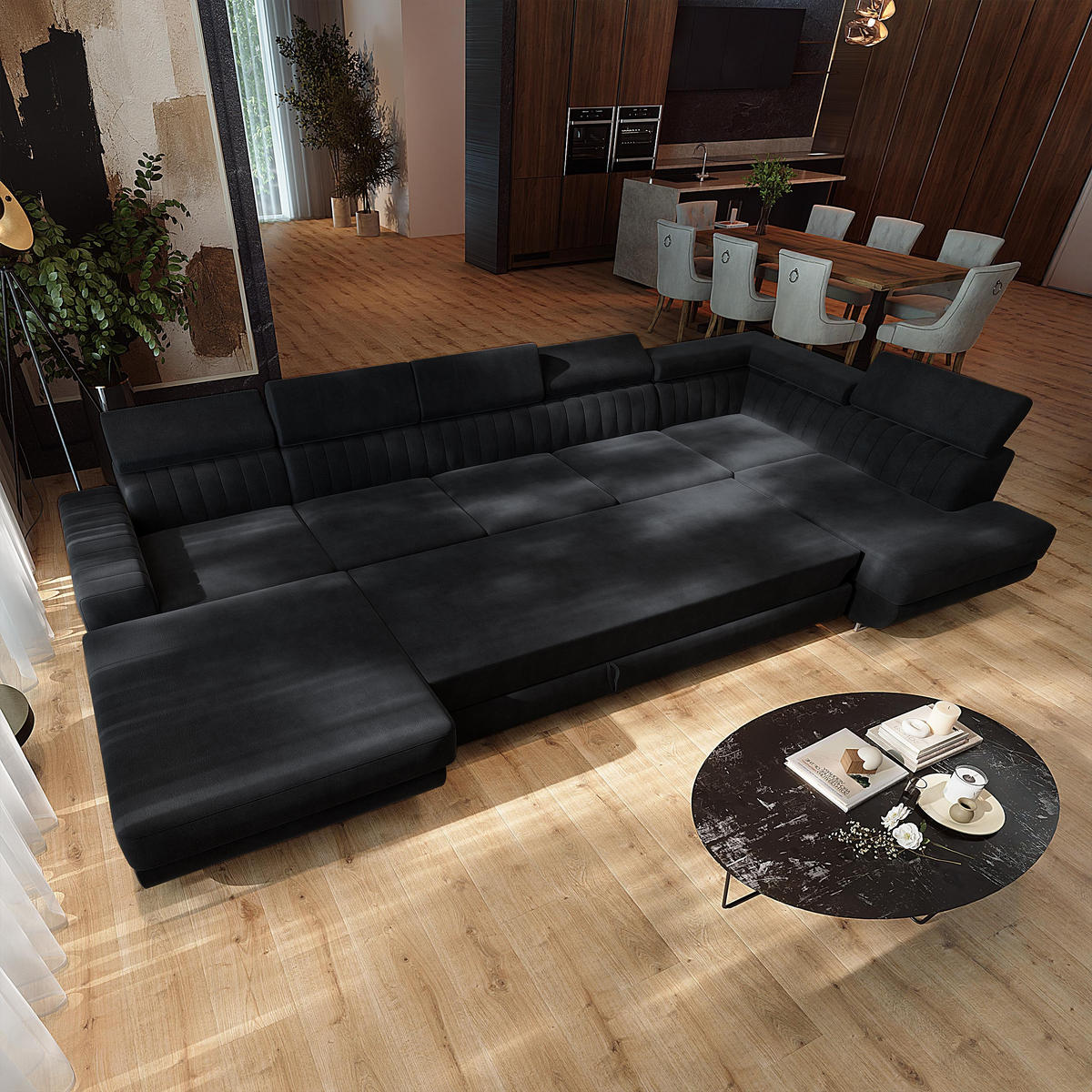 WOHNLANDSCHAFT GAIAN Schwarz Velours-Stoff mit Schlaffunktion - Schwarz, Holz (412/88/190cm) - MASSENO