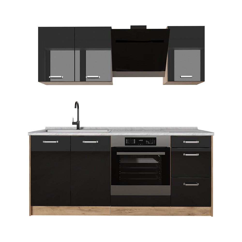 Vicco Singleküche Schwarz Hochglanz, Honigeiche 180x206.8x60 cm