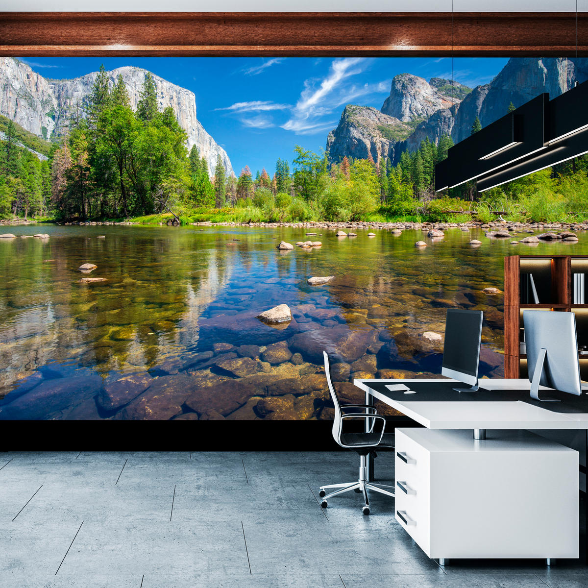 FOTOTAPETE für Wohnzimmer Yosemite Nationalpark Panorama Berge 350x256 - Blau/Beige, Papier (350/256cm) - Muralo