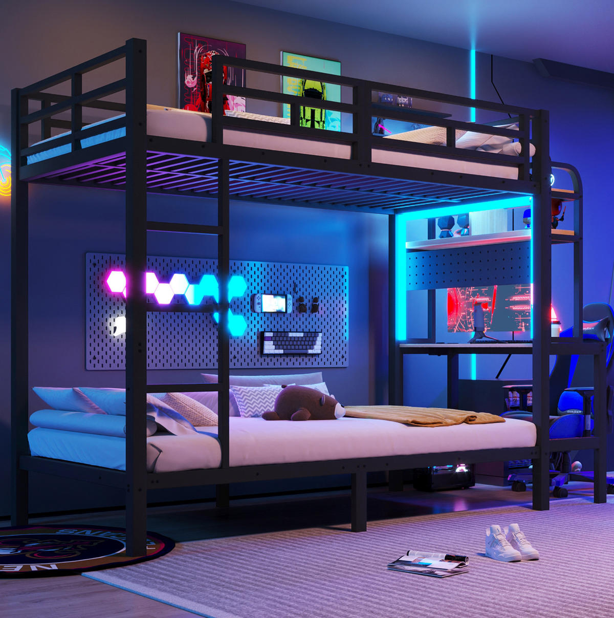 ETAGENBETT 90/200 cm mit LED-Lichtleiste, USB-Anschluss und Schreibtisch - Schwarz, Metall (90/200cm) - MIVRAY