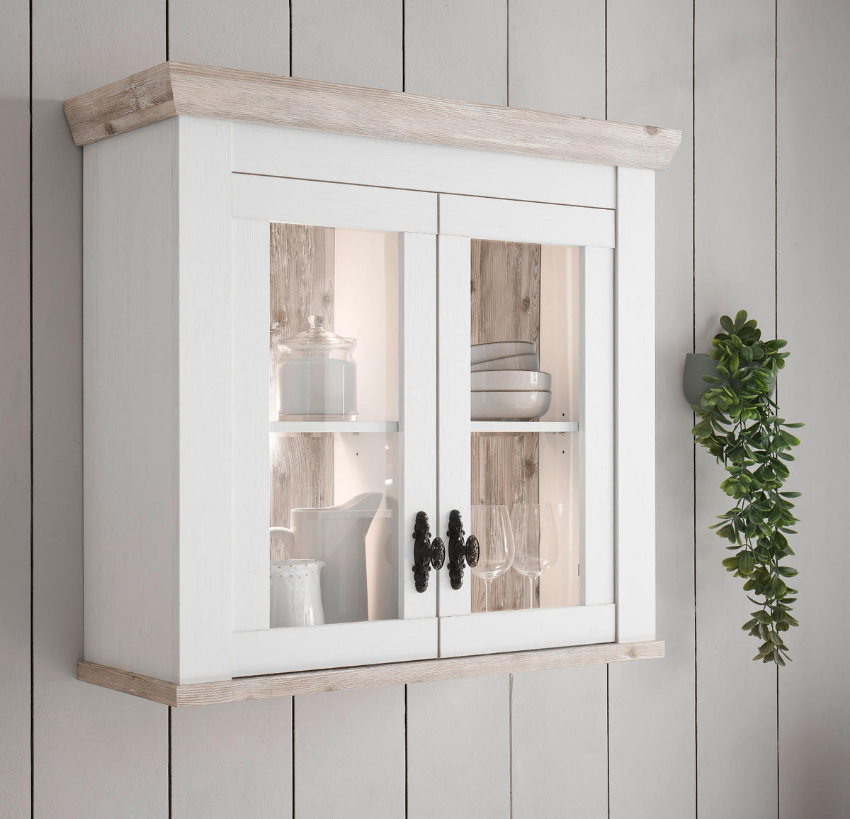 HÄNGESCHRANK weiß Pinie Landhaus, Küchenschrank hängend 92 x 85 cm, Soft-Close - Schwarz/Weiß, Glas/Holzwerkstoff (92/85/34cm) - Furn.Design