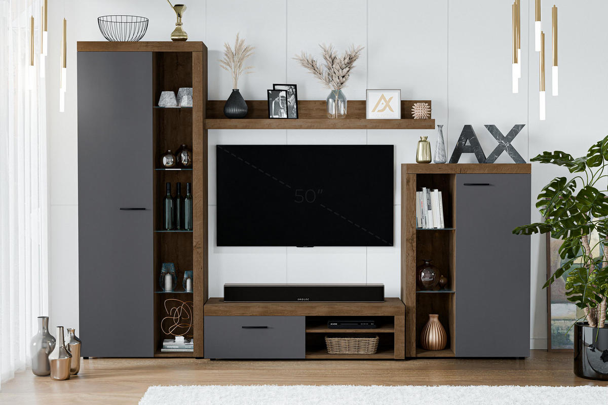 WOHNWAND Spacoro Grau, Lefkas Graphit 270/190/41 cm Wohnwand Modern ohne LED - Braun/Grau, Holzwerkstoff/Kunststoff (270/190/41cm) - AX Living