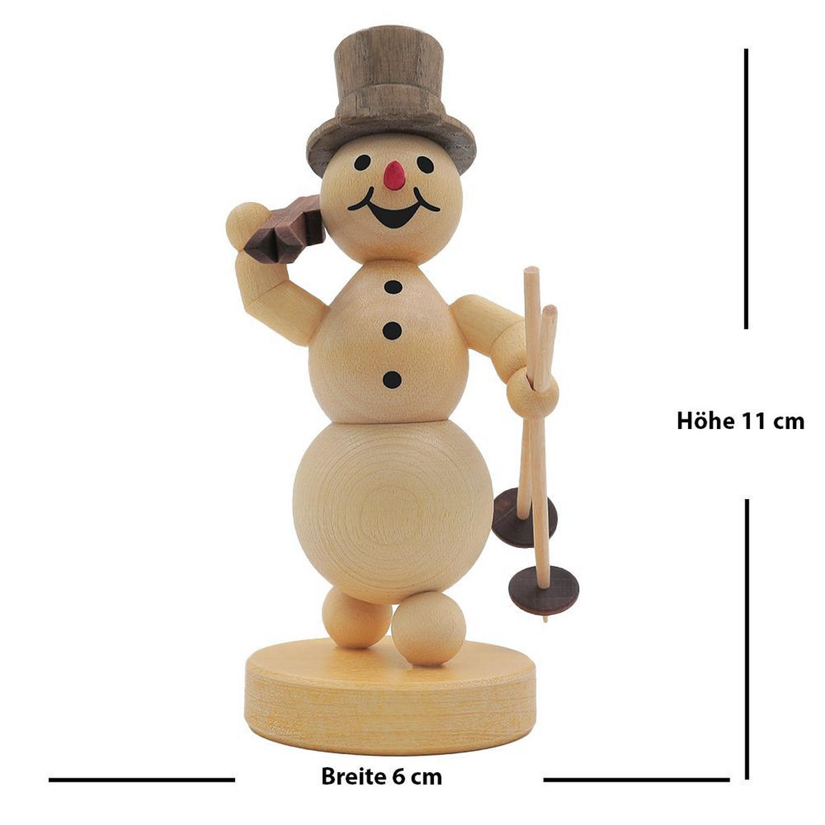 HOLZFIGUR Schneemann Ski auf Schulter auf Sockel 11 cm - Multicolor, Holz (6/13/0.1cm)
