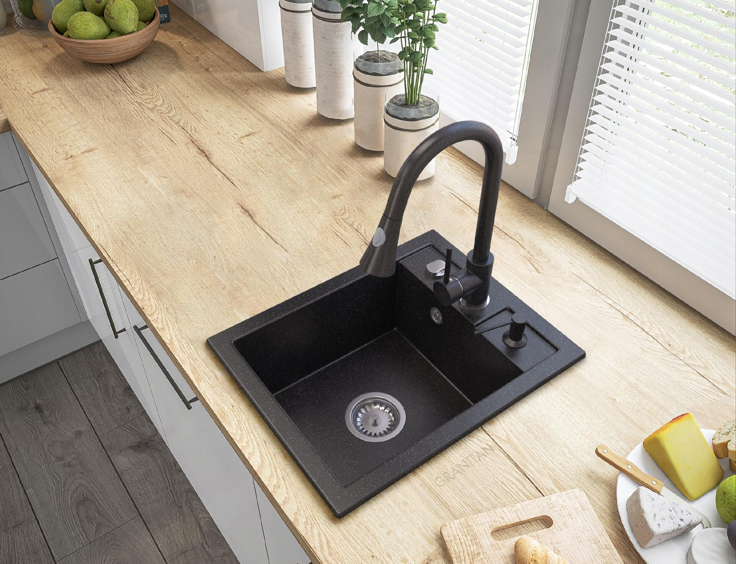 GRANITSPÜLE Best mit Batterie Siphon - Schwarz, Kunststoff/Stein (50/40/18cm) - Granitan