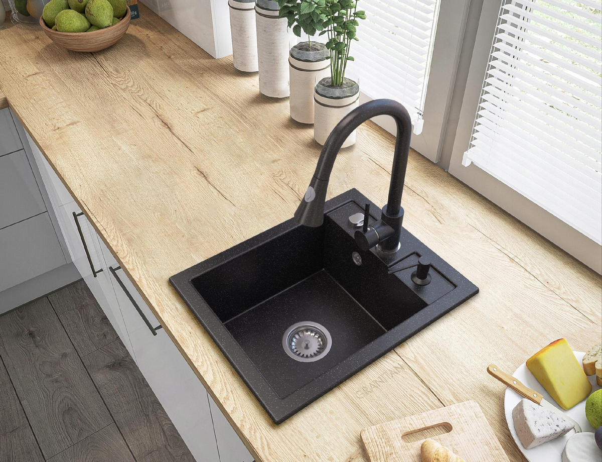 GRANITSPÜLE Best mit Batterie Siphon - Schwarz, Kunststoff/Stein (50/40/18cm) - Granitan