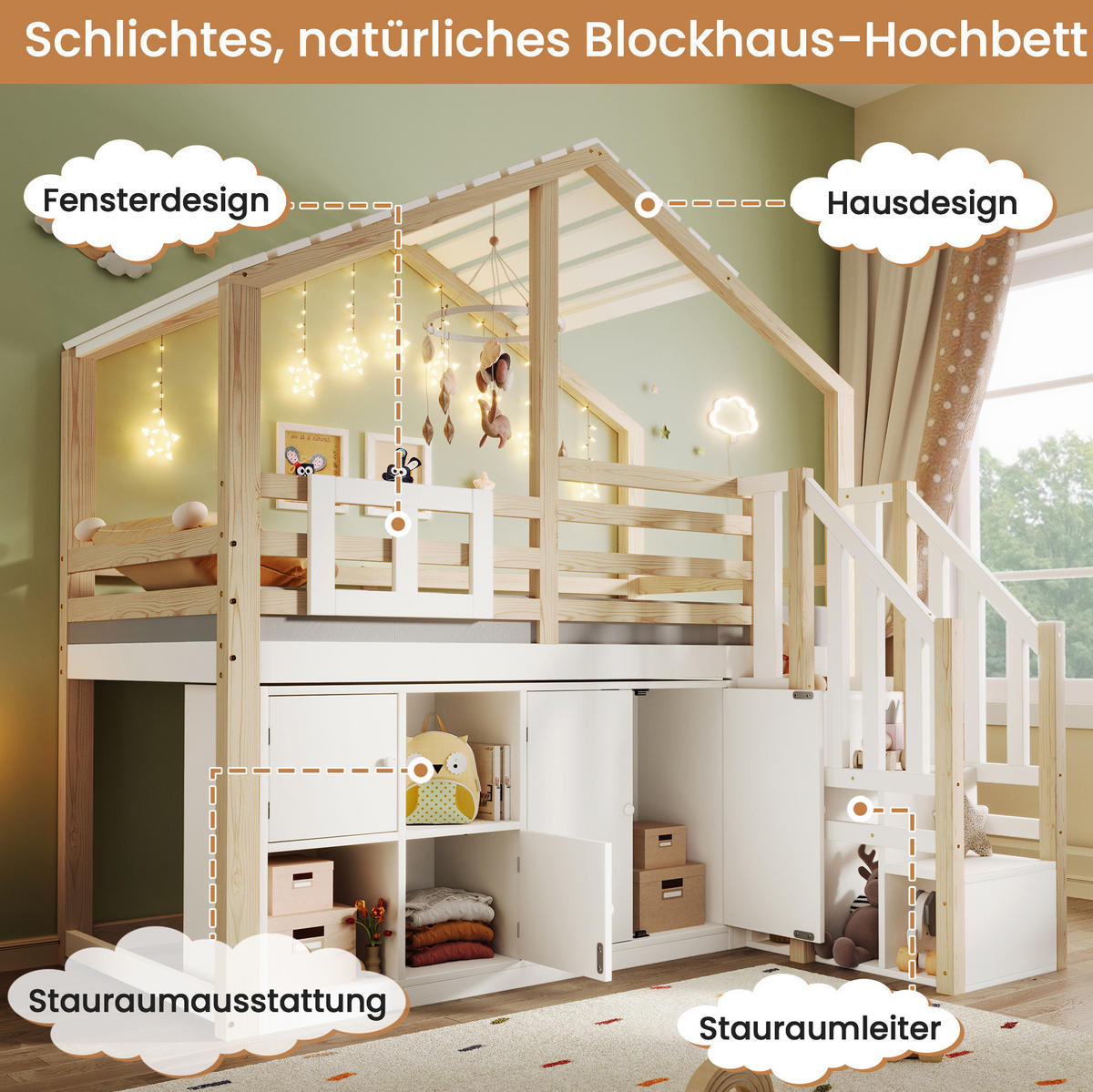 HOCHBETT 90/200 cm mit Stauraumleiter, Schließfächern und Hausdesign aus Massivholz, Weiß/Natur - Weiß, Holz (90/200cm) - Redom