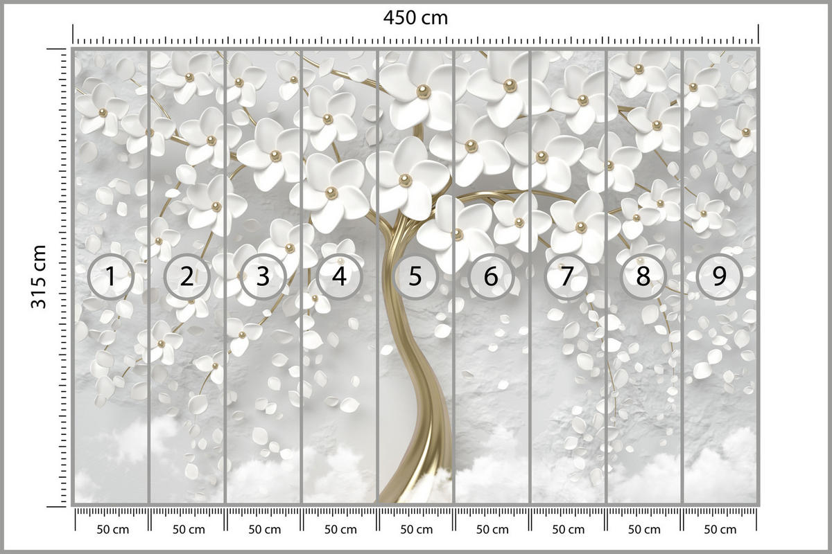 FOTOTAPETE für Schlafzimmer Perlmutt Blumen Abstract Baum 450x315 - Gelb/Goldfarben, Papier (450/315cm) - Muralo