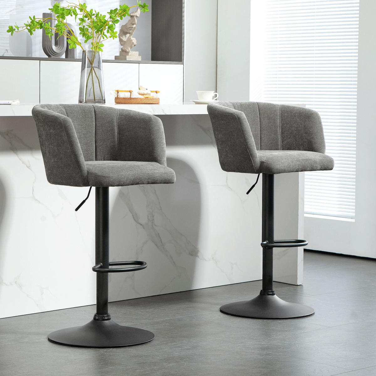 2ER-SET Barhocker, Bistrohocker mit Fußstütze, Drehbar Barstuhl Höhenverstellbar - Dunkelgrau/Schwarz, Kunststoff/Textil (53/110/59cm) - HOMCOM
