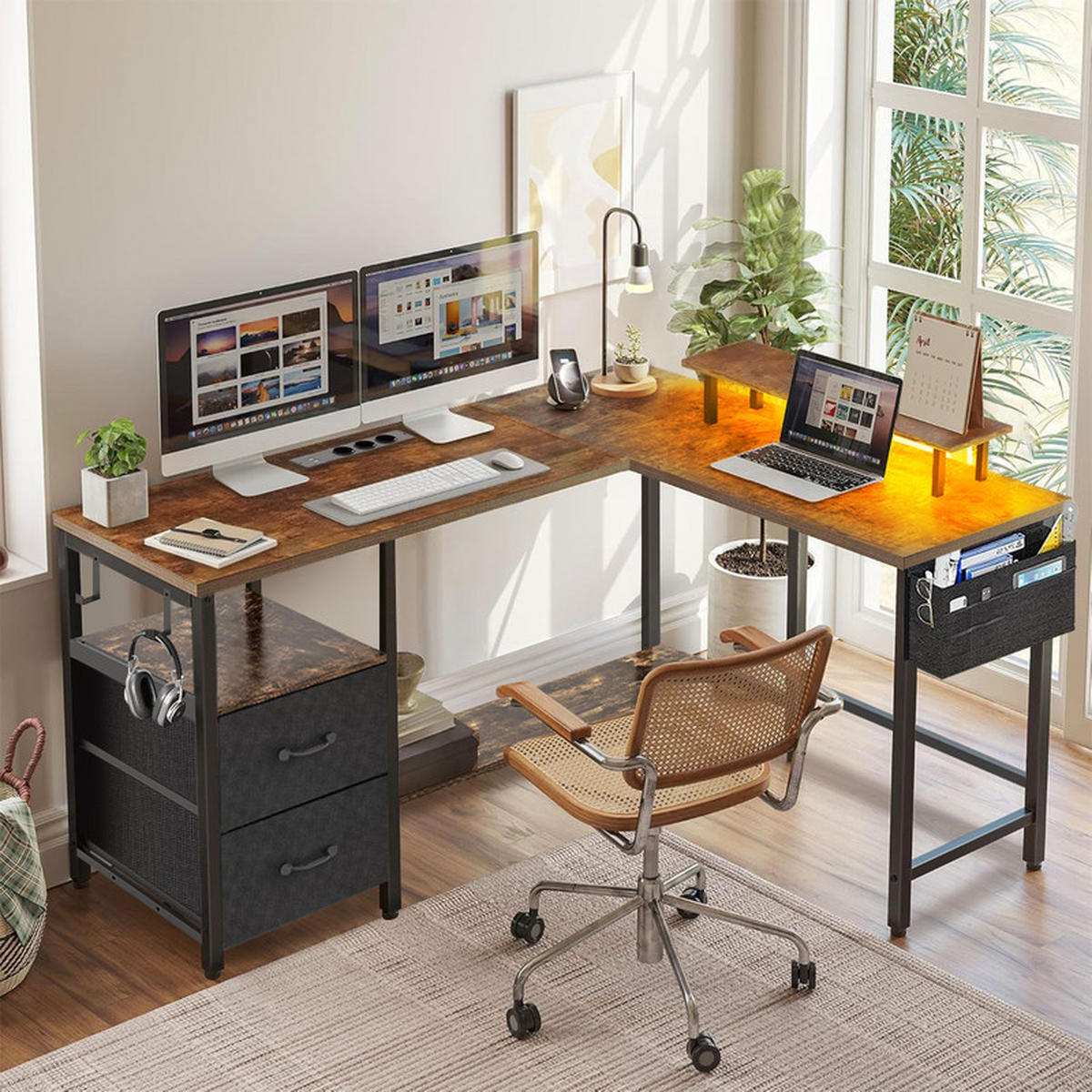 GAMINGTISCH L-förmig,120 x 120 x 75 cm,Eckschreibtisch mit Ablagefach,mit Monitorständer,2 USB mit 3 Buchsen,Braun - Braun, Metall (120/48/75cm)