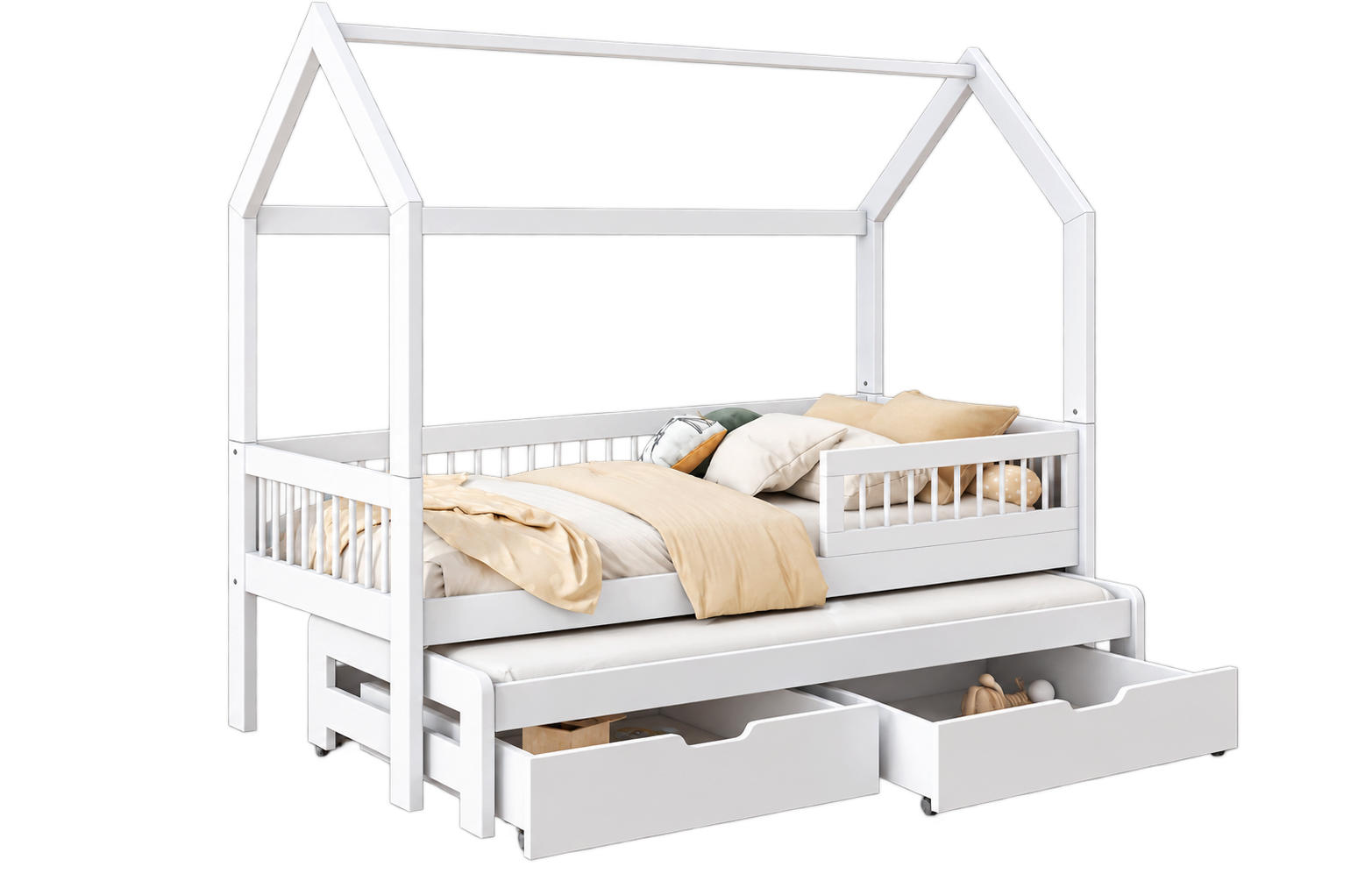 KINDERBETT 80x180 cm weiß ASHER II Hausbett aus Massivholz mit Rausfallschutz, Gästebett, 2 Schubladen und 2 Matratzen - Weiß, Holz (80/180cm)