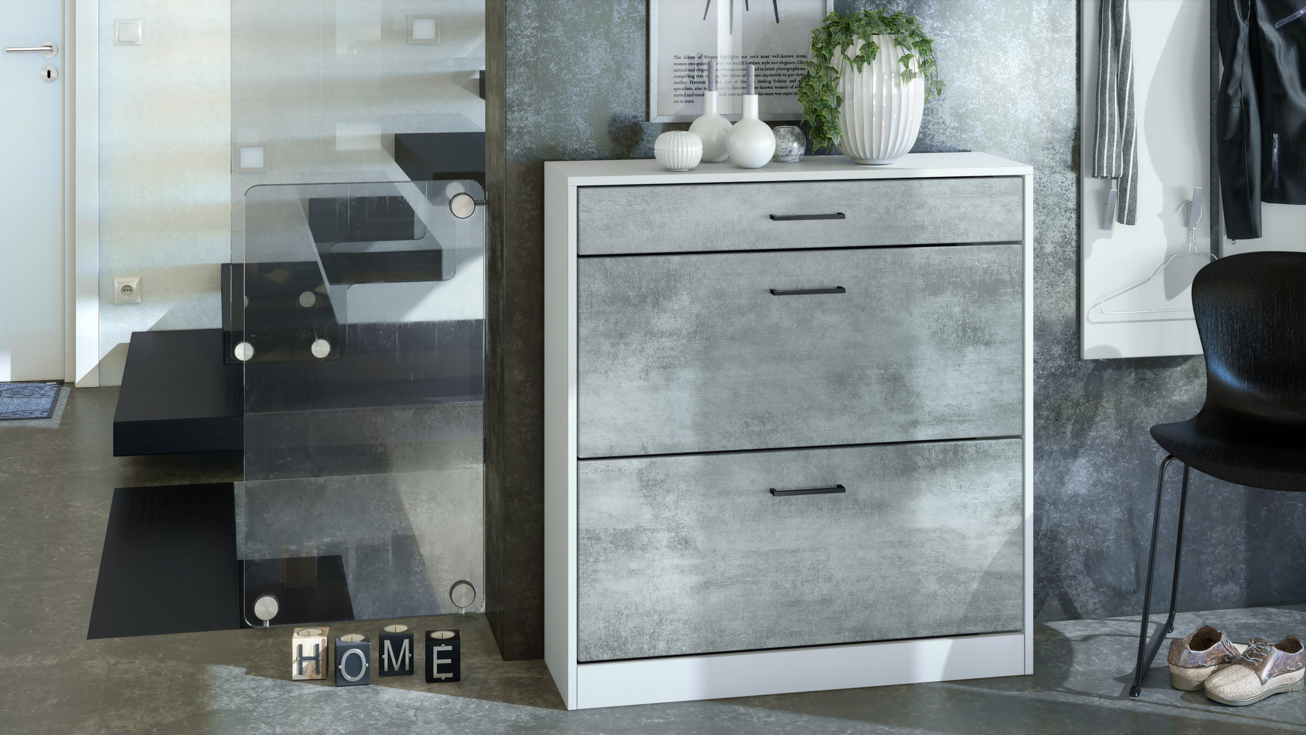 SCHUHSCHRANK Elvas Front in Beton Oxid Optik - Hellgrau, Holzwerkstoff (89/95.5/27cm) - Vladon