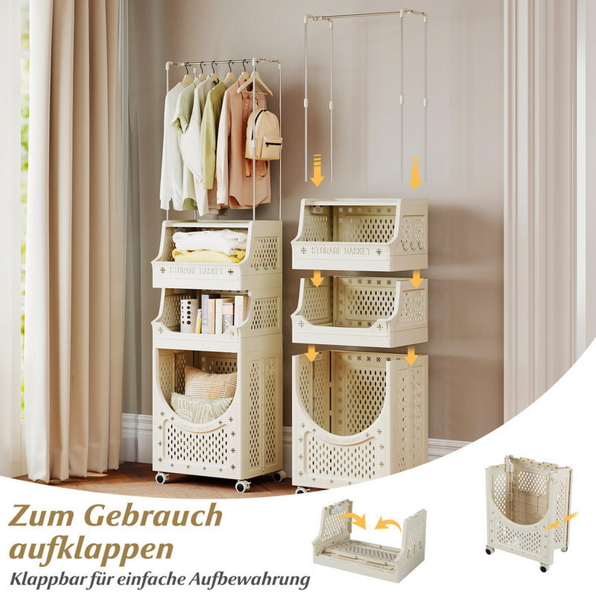 WÄSCHEKORBWAGEN mit Kleiderstange beige - Beige, Kunststoff (40/158/30cm) - COSTWAY