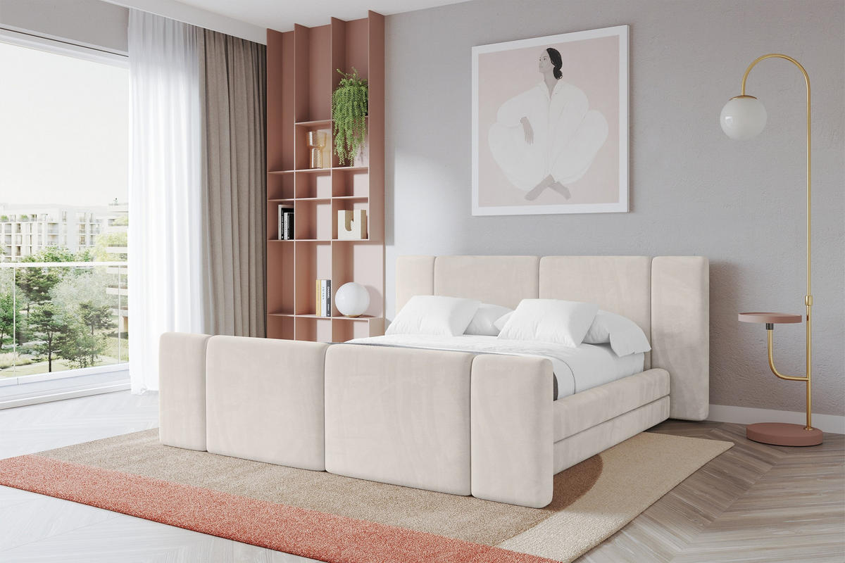 POLSTERBETT mit Bettkasten, Fußteil und Lattenrost, Bett mit Matratze H3/H4 - TEVO-Z 160x200 Beige - Ecru, Holzwerkstoff/Textil (160/200cm) - ALTDECOR