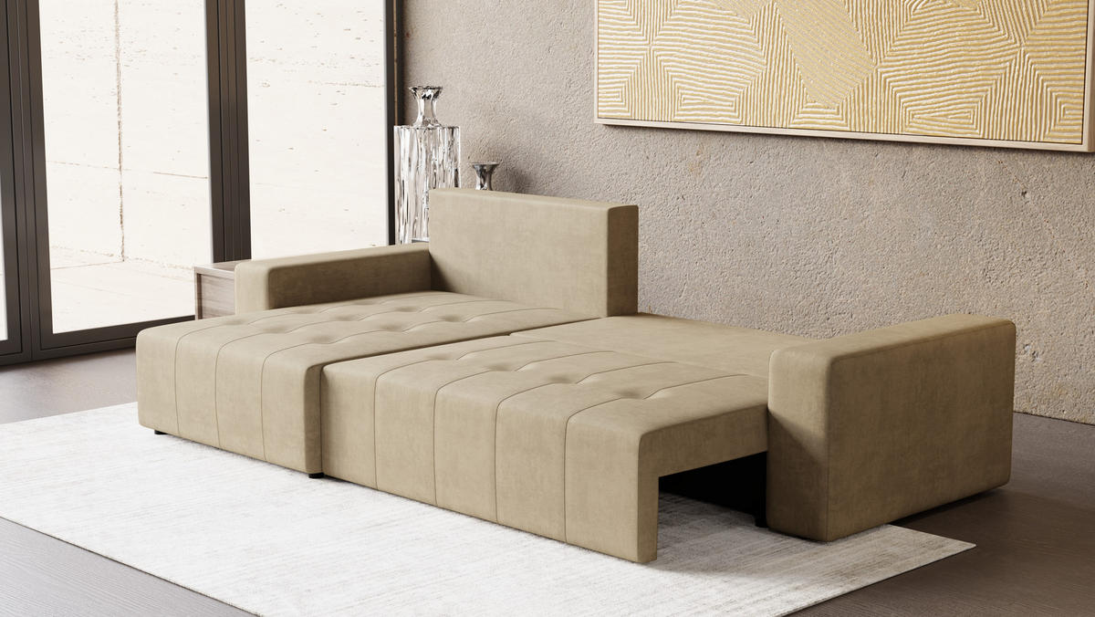 ECKSOFA Tico mit Bettkasten und Schlaffunktion, L-Form/XL-Form, Velourstoff, Universal - Cappuccino, Holzwerkstoff (276/145cm) - 4ALL HOME