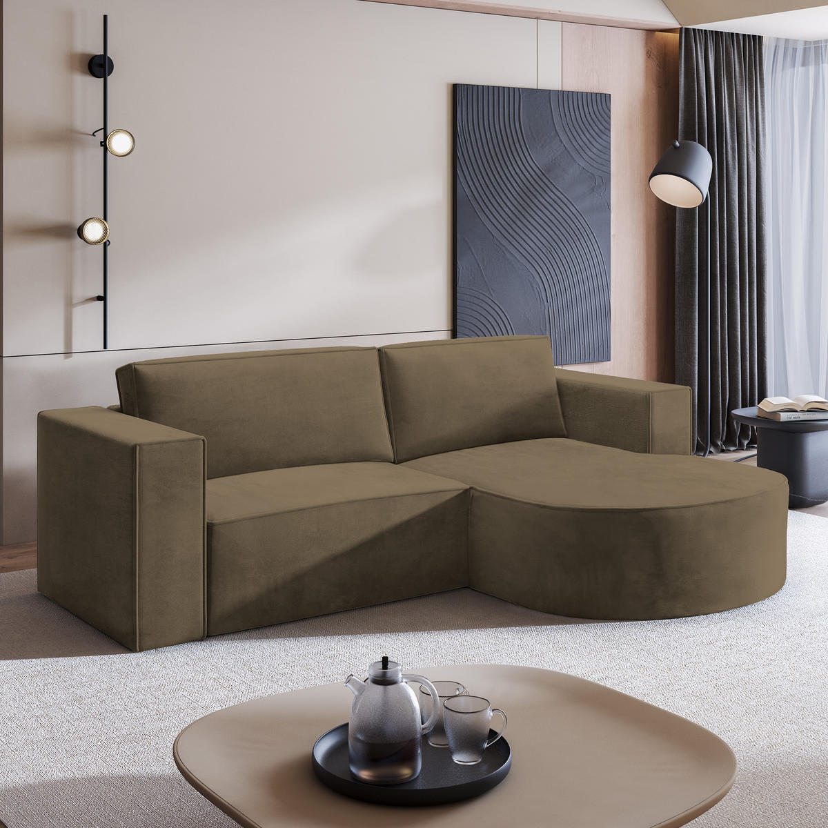 ECKSOFA SORELA M R-S Beige Velours-Stoff mit Schlaffunktion - Beige, Holz (263/174cm) - MASSENO