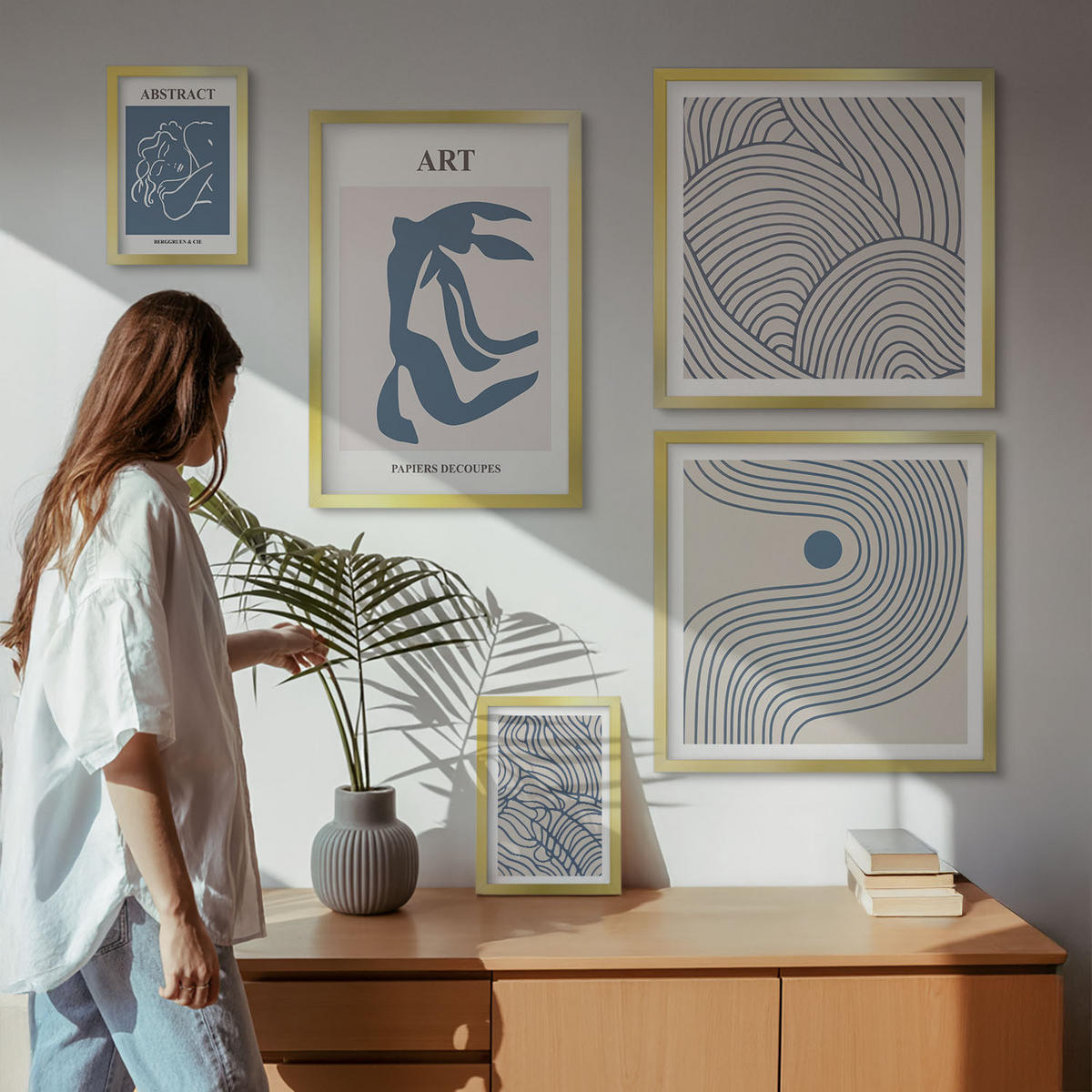 WANDBILDER 5er Set - 50x50 cm & 20x30 cm & 40x60 cm Goldrahmen - Abstrakte blaue Linien - Goldfarben, Kunststoff (40/60cm) - ArtPrintCave