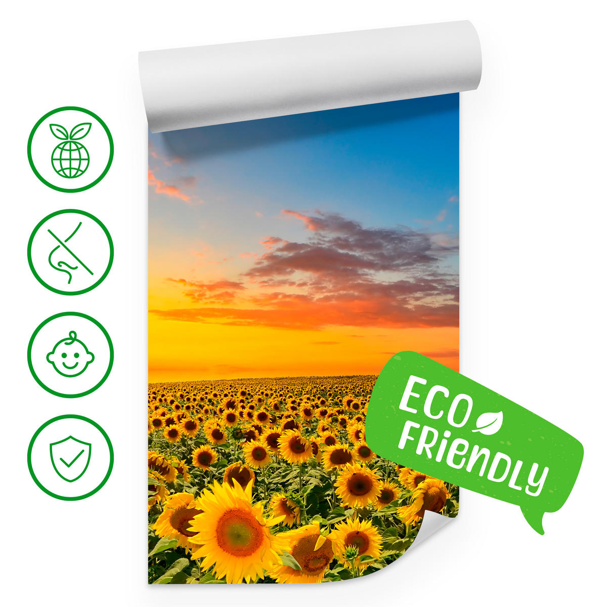 FOTOTAPETE für Küche Sonnenuntergang Sonnenblumenfeld Blumen 450x315 - Gelb/Orange, Papier (450/315cm) - Muralo