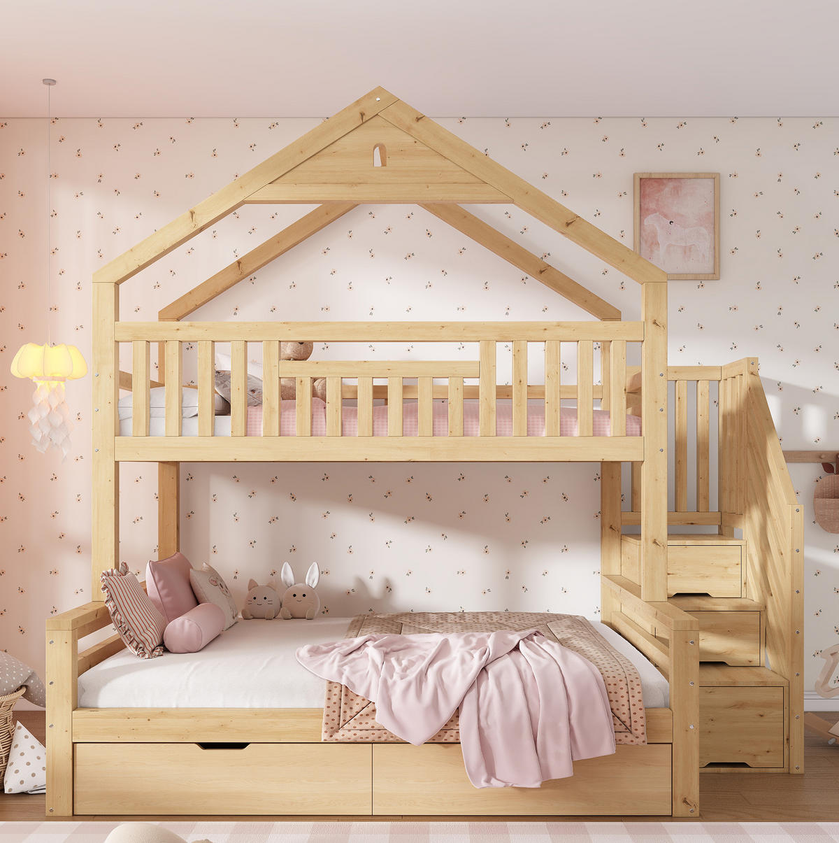 ETAGENBETT Holz 140x200 cm Eichefarben mit Treppenschrank, 2 Schubladen und Giebeldach - Eichefarben, Holz (140/200cm) - Modfu