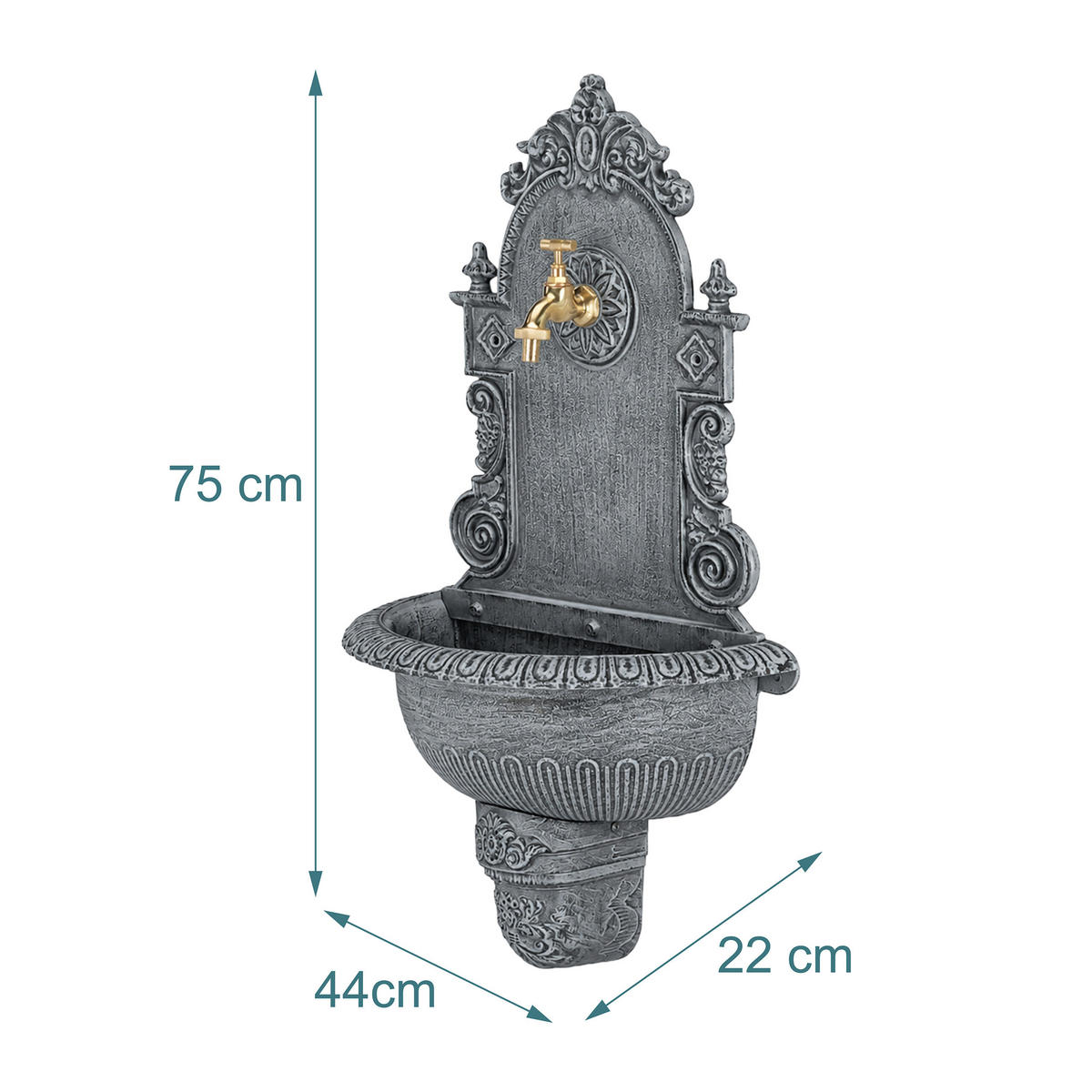 WANDBRUNNEN Grau Antik Aluminiumguss - Grau, Metall (22/44/75cm) - Relaxdays