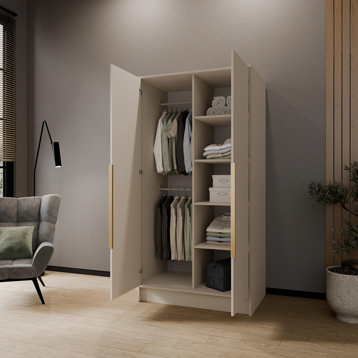 FLÜGELTÜRENSCHRANK PORTO - Kaschmir/Goldfarben, Holzwerkstoff (102/200/51cm) - Meblini