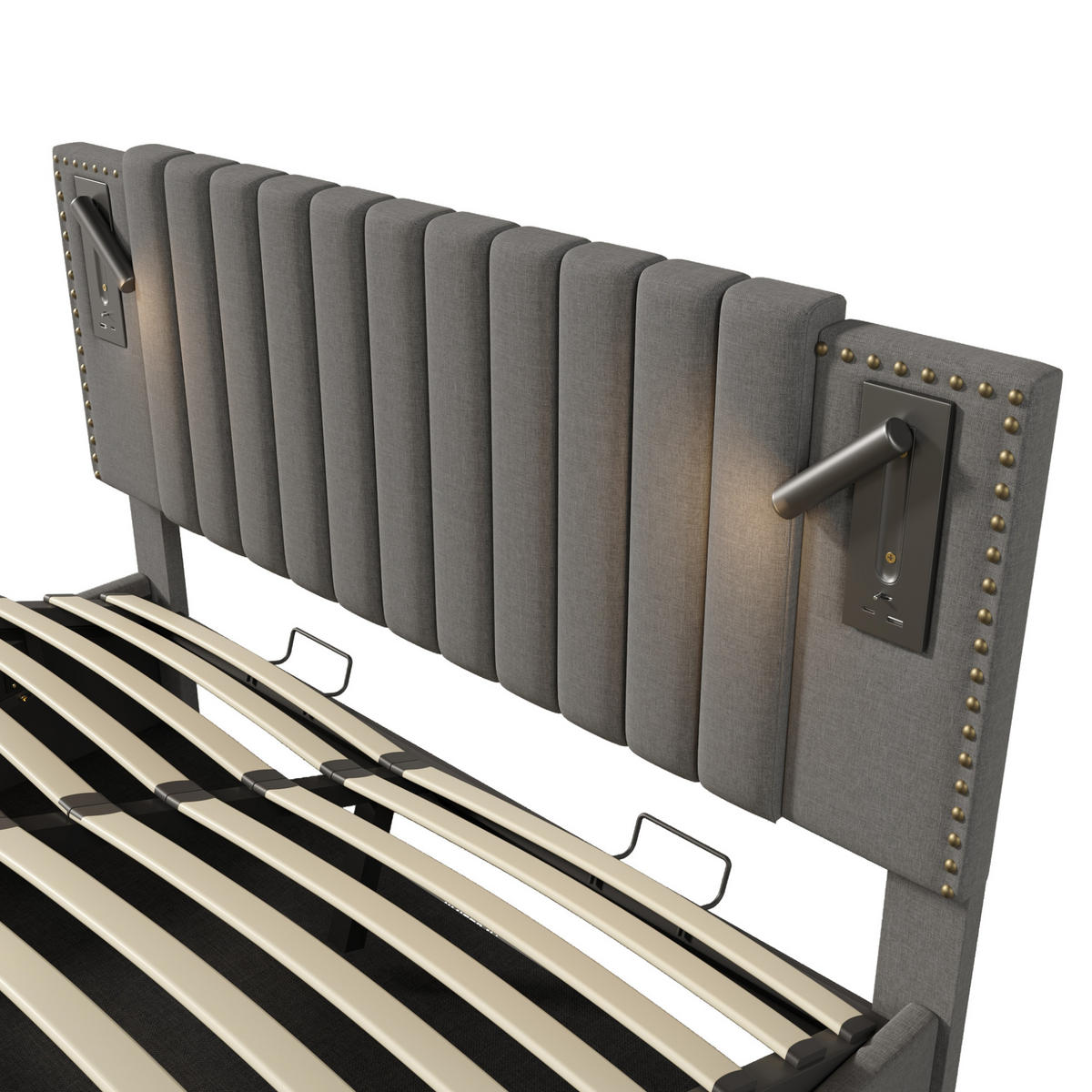 POLNJENA postelja iz bombaža 180x200 cm siva z nastavljivim vzglavjem, USB-polnjenjem, bralno lučko in predalom - siva, tekstil (180/200cm) - Modfu