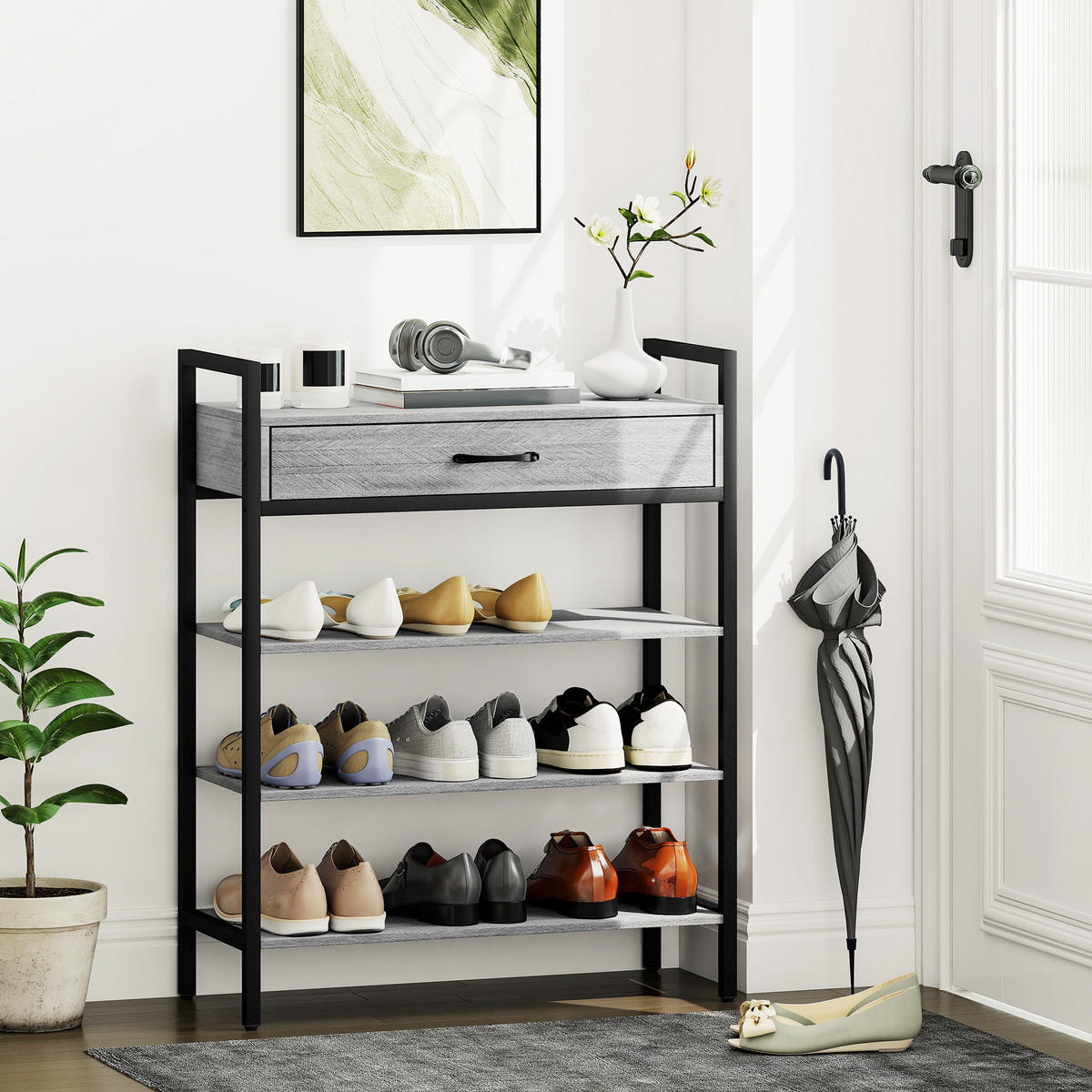 SCHUHREGAL 4 Ebenen Schuhständer Metall mit Schublade für 9 Paar Schuhe Grau - Schwarz/Grau, Holzwerkstoff/Metall (30/87.6/70cm) - HOMCOM