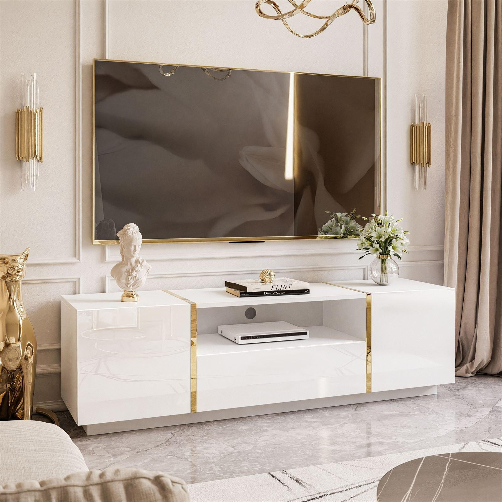 TV-ELEMENT ONYX HOCHGLANZ 158 CM PUSH OPEN - Weiß, Holzwerkstoff (158/46/41.3cm) - Lookway