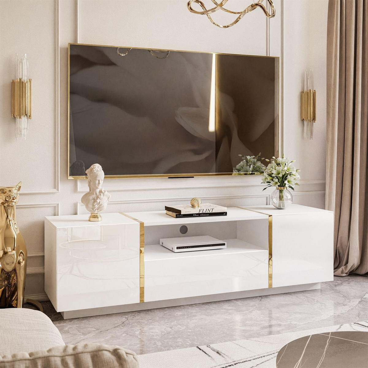 TV-ELEMENT ONYX HOCHGLANZ 158 CM PUSH OPEN - Weiß, Holzwerkstoff (158/46/41.3cm) - Lookway