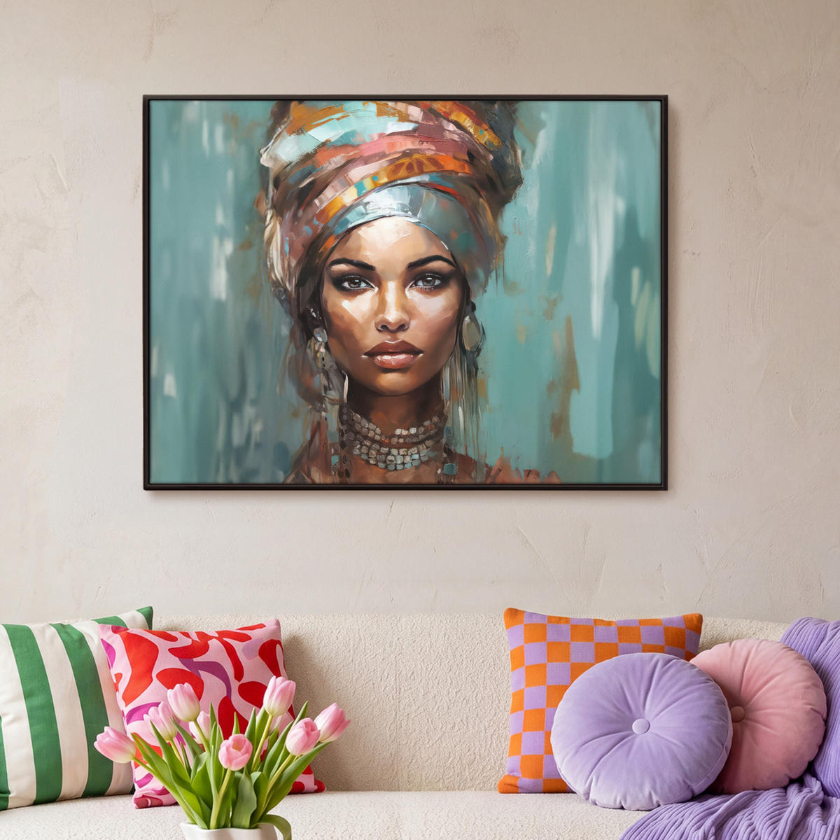 LEINWAND Bilder mit Rahmen - Frau - Kunst - Schmuck - Porträt - 100x70 - Blaugrau, Textil (100/70cm) - MuchoWow