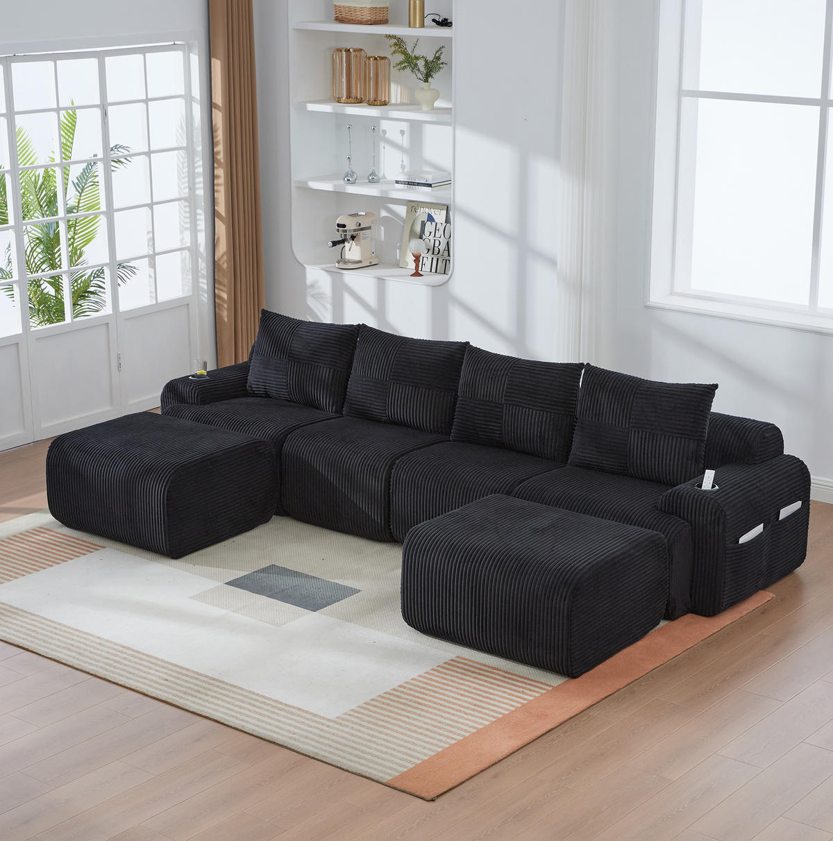 SEDACIA zostava z menčestra, 333/174/80 cm čierna, modulárna s 2 taburetkami - čierna, textil (174/80/333cm) - BEAOK